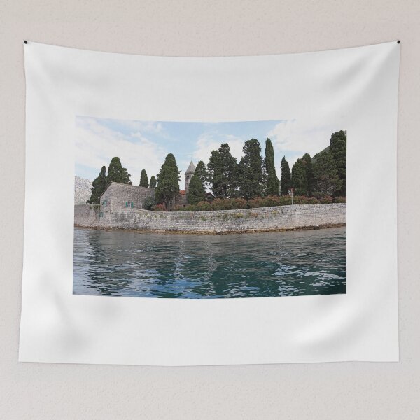 Item preview, Saint George monastery stone walls flowers and trees Perast Bay of Kotor Montenegro designed and sold by goceris.