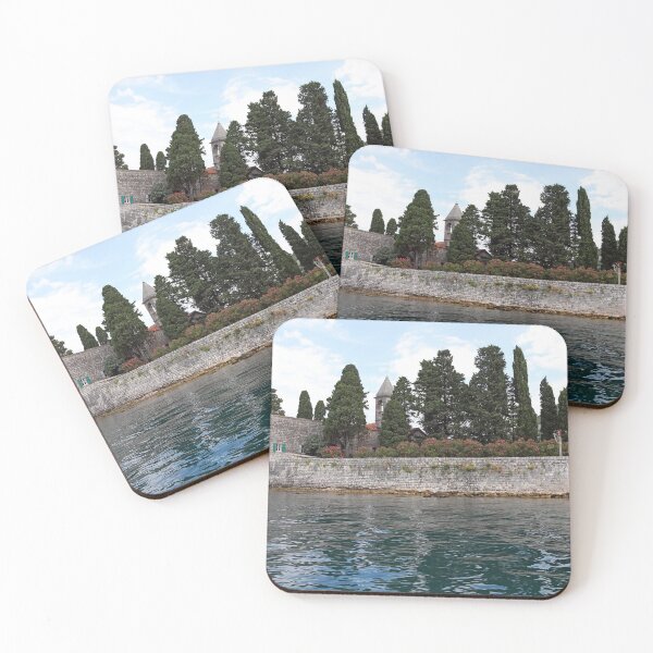 Item preview, Saint George monastery stone walls flowers and trees Perast Bay of Kotor Montenegro designed and sold by goceris.