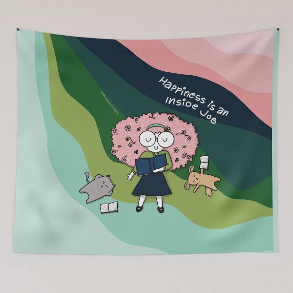 Item preview, Happiness is an Inside Job - Cute Cat & Dog Reading designed and sold by mydoodlesateme.