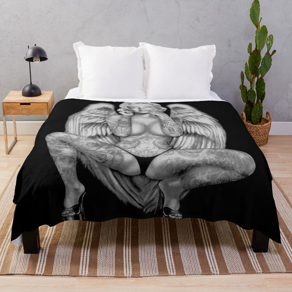 MARILYN : Vintage Tattooed Angel Abstract Print Throw Blanket