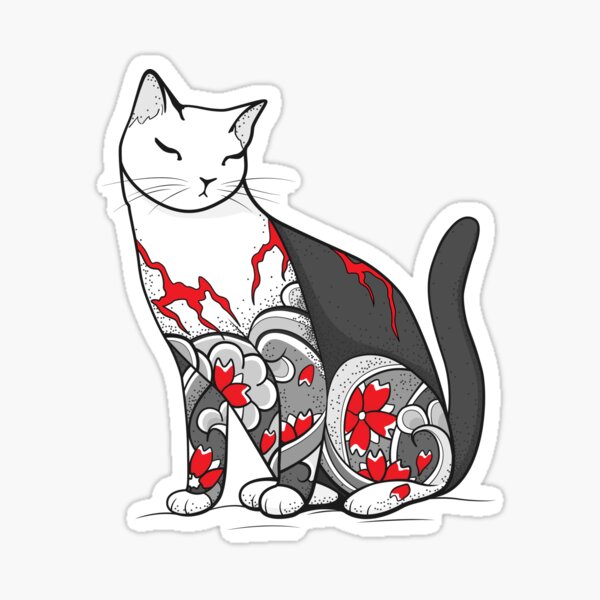 Cat in Cherry Blossom Tattoo Sticker