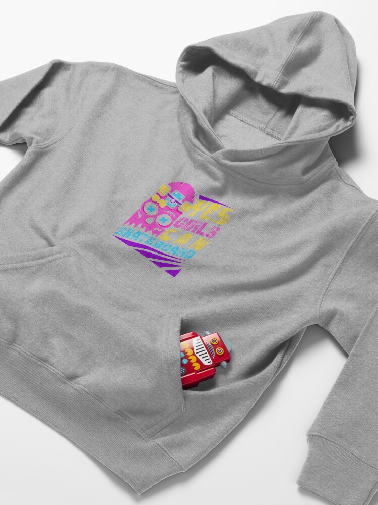 Alternate view of Yes Girls Can Skateboard Kids Pullover Hoodie