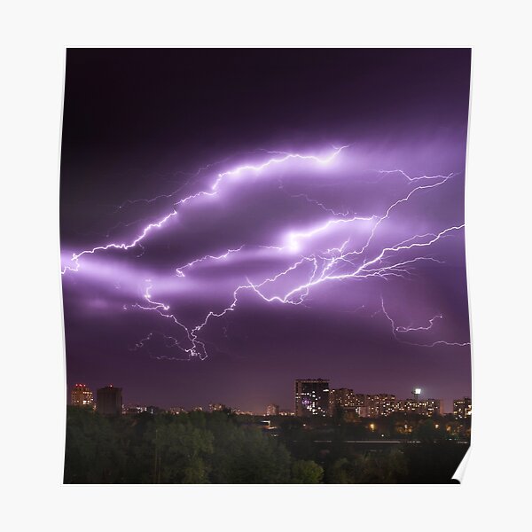 Purple Lightning At Night Above City Skyline Poster