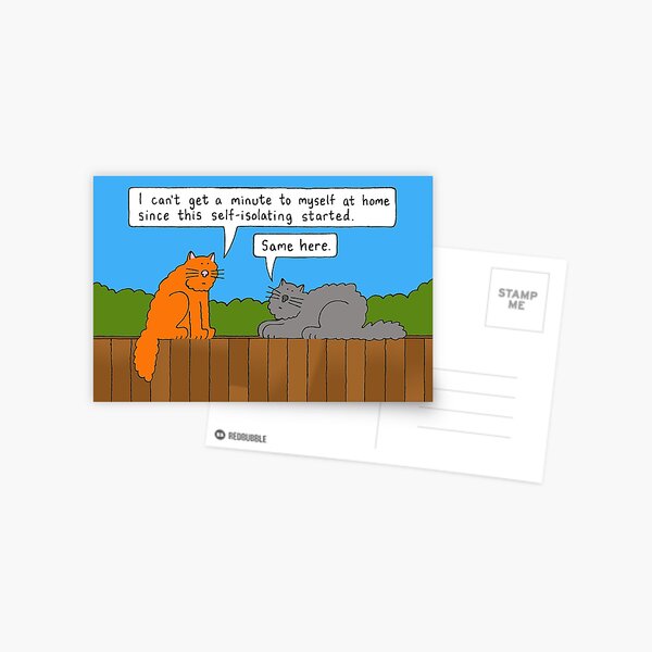 Coronavirus Self-isolation, Cartoon Cats Talking on a Fence. Postcard