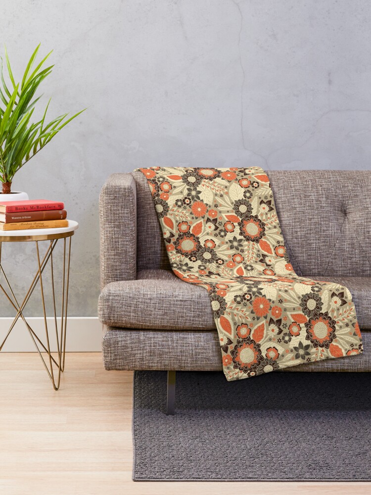 Retro Orange Brown Cream 1970s Floral Pattern Throw Blanket By Somecallmebeth Redbubble