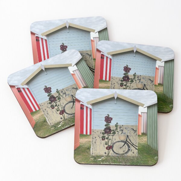 Item preview, beach cabin decorated with bike and hollyhock designed and sold by AHELENE.
