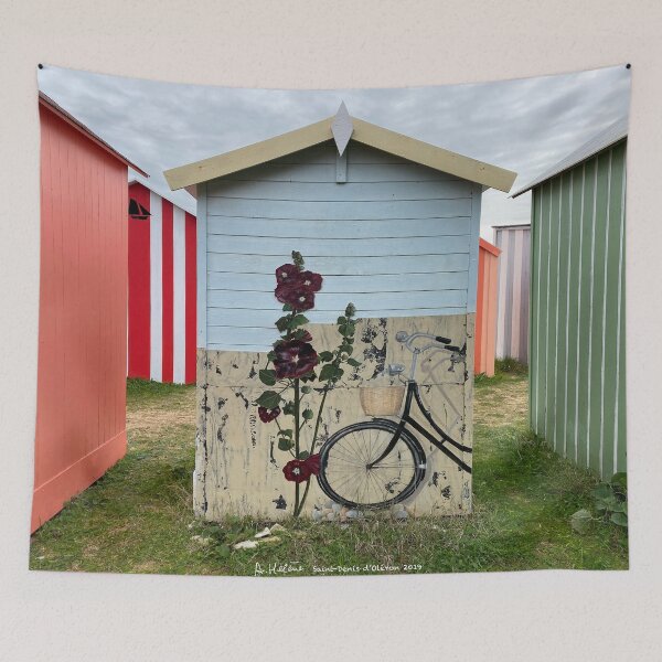 Item preview, beach cabin decorated with bike and hollyhock designed and sold by AHELENE.