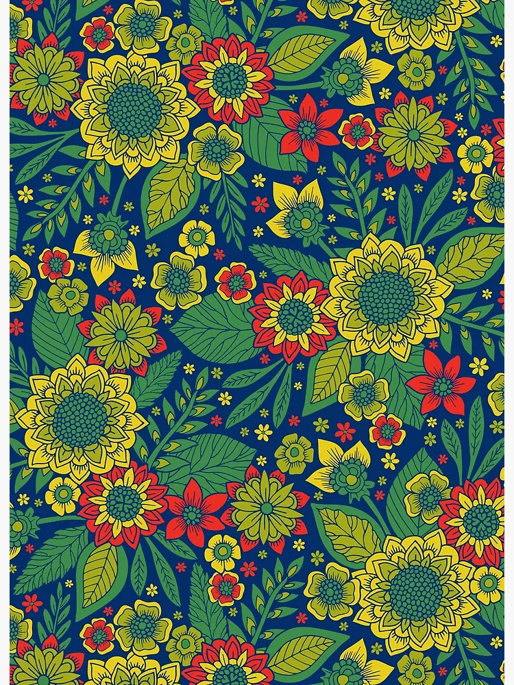 Blue, Green, Red & Yellow Flowers - Botanical Pattern Art Board
