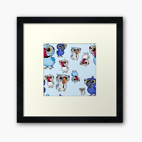 Blue Nerdy Birdy Parrots Pattern Framed Art Print
