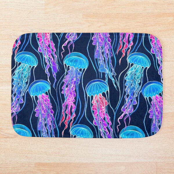 Luminescent Rainbow Jellyfish on Navy Blue Bath Mat