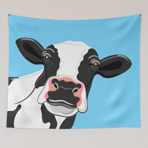 Item preview, Black & White Cow Portrait on blue designed and sold by Adam Regester.