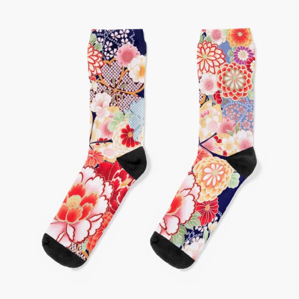 ANTIQUE JAPANESE FLOWERS Pink White Wild Roses Kimono Style Floral Socks