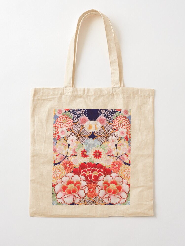 Wood Handle Kimono Tote Bag Rainbow Flower Orange