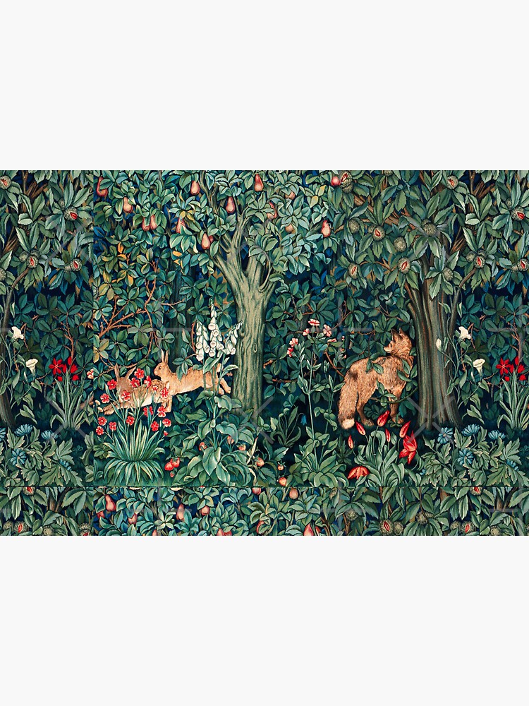 GREENERY, FOREST ANIMALS Fox and Hares Blue Green Floral Tapestry by BulganLumini