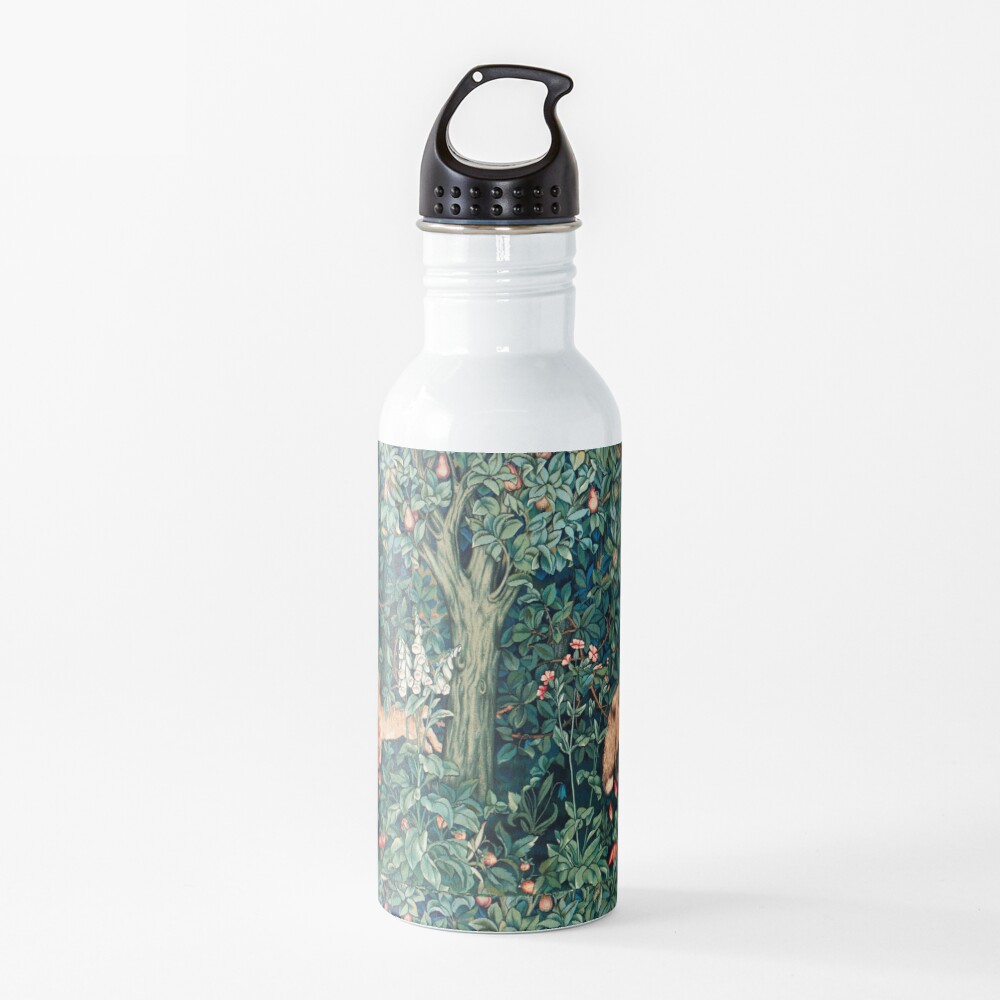 GREENERY, FOREST ANIMALS Fox and Hares Blue Green Floral Tapestry Water Bottle