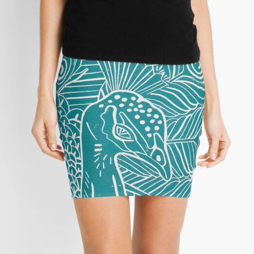 Peacock Linocut in Teal Mini Skirt