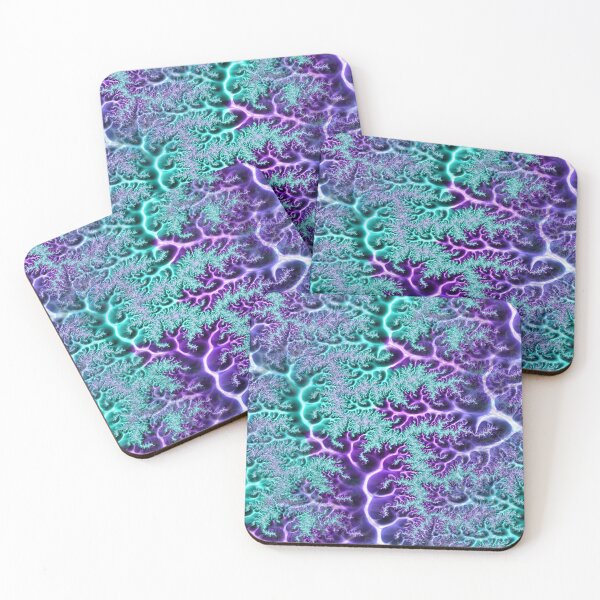 Shiny Neo Mint Purple Fractal Veins Abstract Art Coasters (Set of 4)