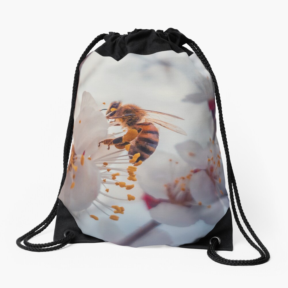 honey bee on apricot flowers Drawstring Bag