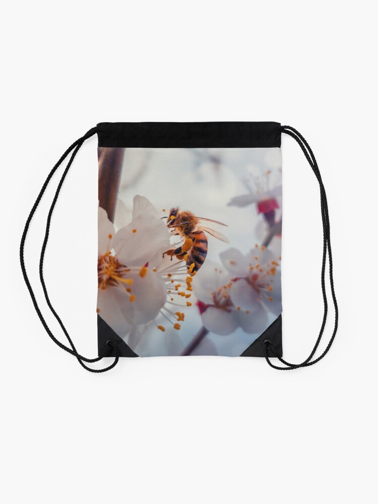 Alternate view of honey bee on apricot flowers Drawstring Bag