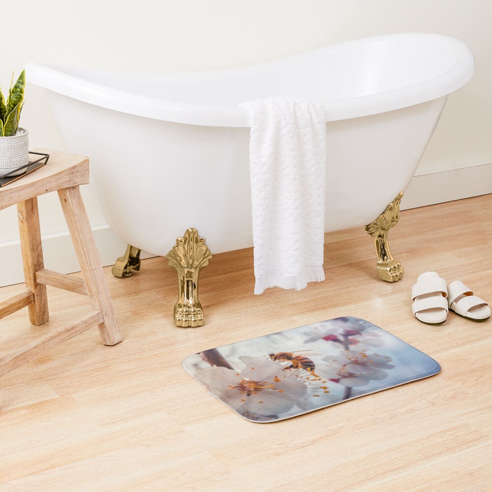 honey bee on apricot flowers Bath Mat