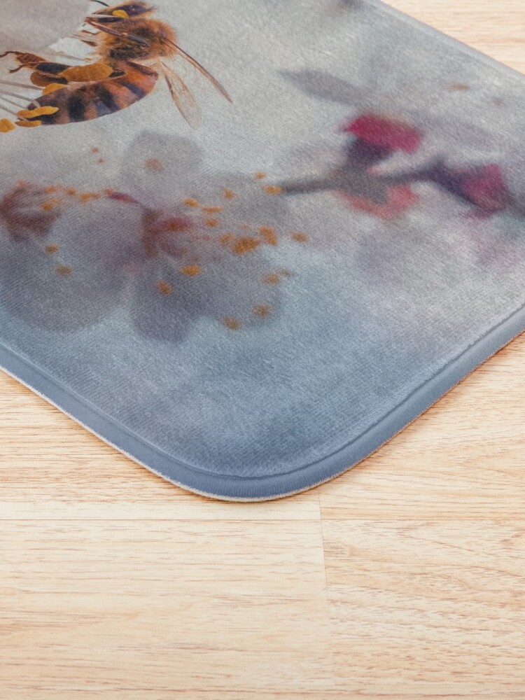 Alternate view of honey bee on apricot flowers Bath Mat
