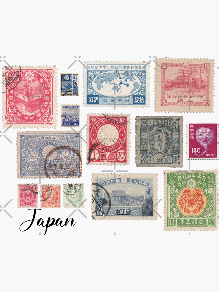 Japan old vintage post stamps Sticker for Sale by Onyria Art