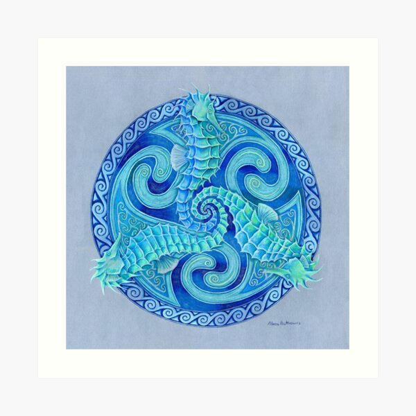 Seahorse Triskele Blue Celtic Mandala Art Print
