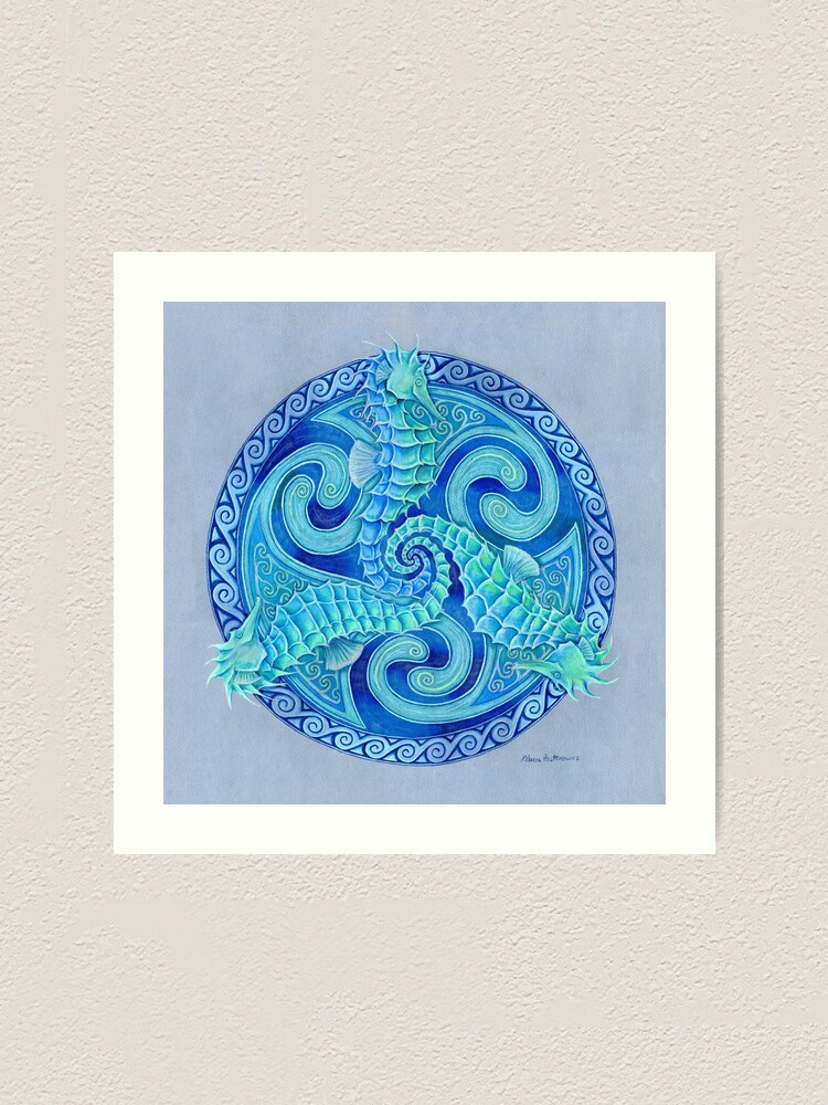 Alternate view of Seahorse Triskele Blue Celtic Mandala Art Print