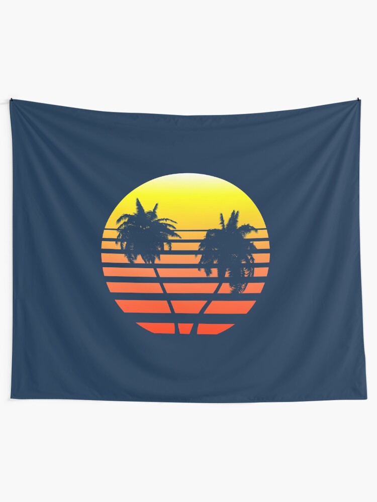 Alternate view of Synthwave Sunset (with palm trees) Tapestry
