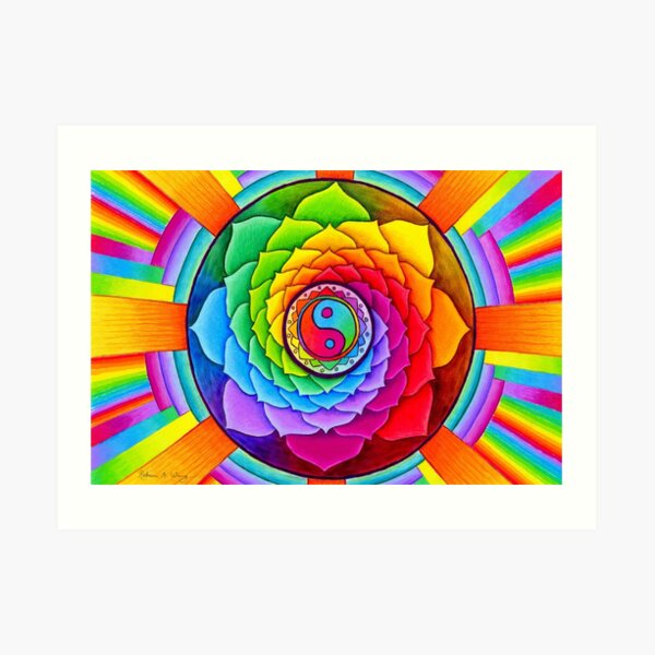 para sanar el corazón y rejuvenecer el alma. Un colorido yin yang en colores cálidos y fríos está en el centro de este mandala psicodélico. Pétalos de loto en un arcoiris de colores Lámina artística