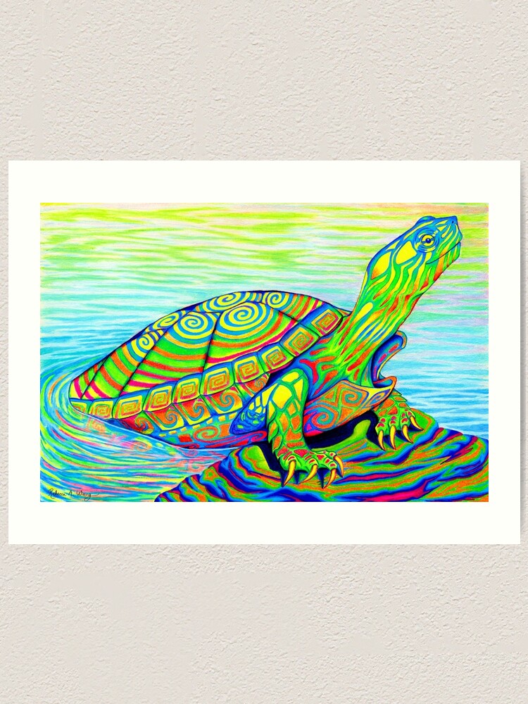 Alternate view of Psychedelic Rainbow Colorful Neon Painted Water Turtle Art Print