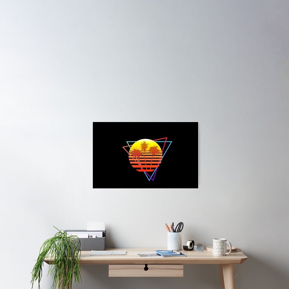 Synthwave Sun (with palm trees and triangles) Poster