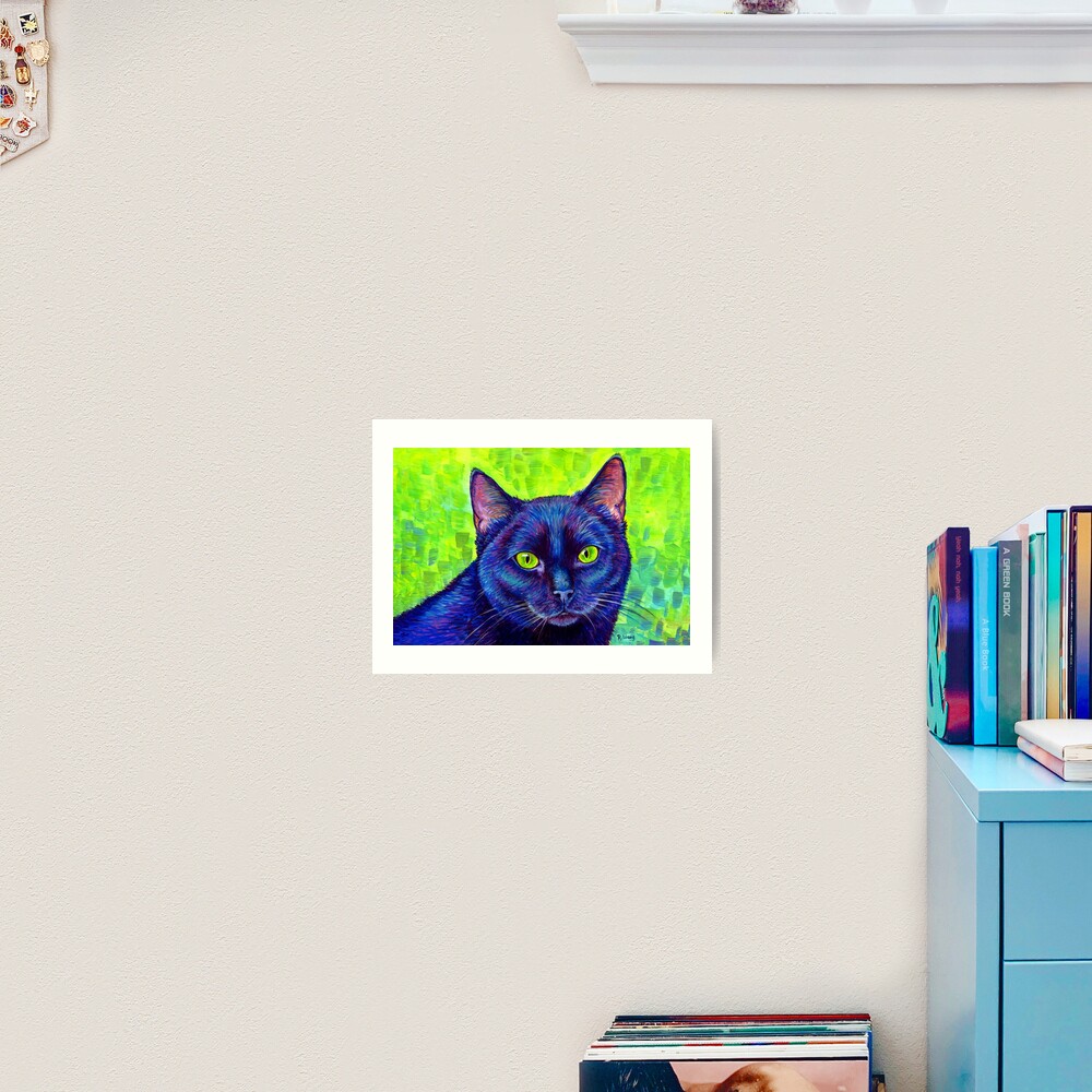 Colorful Black Cat with Chartreuse Eyes Art Print