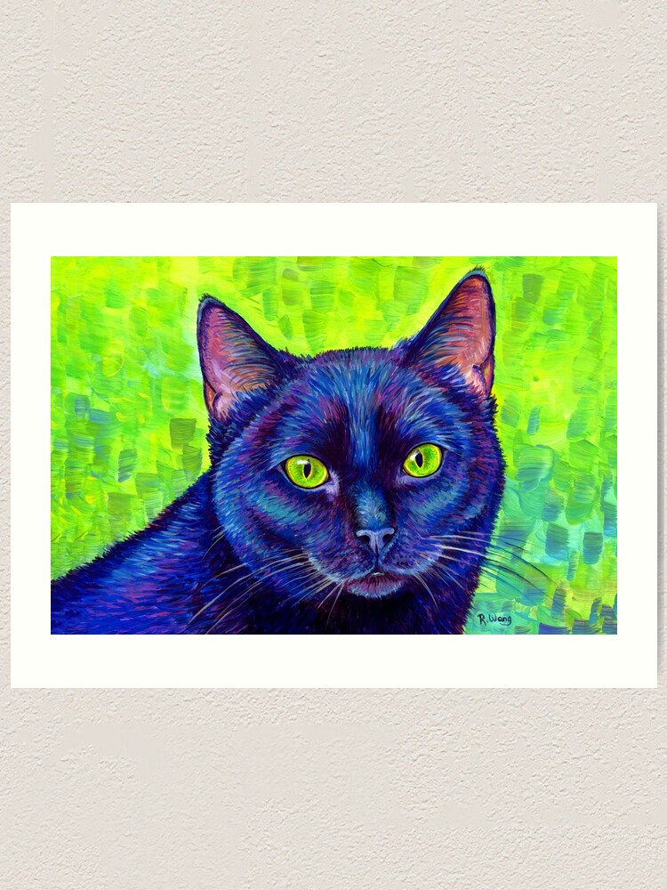 Alternate view of Colorful Black Cat with Chartreuse Eyes Art Print