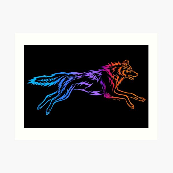 Colorful Tribal Rainbow Running Wolf Art Print