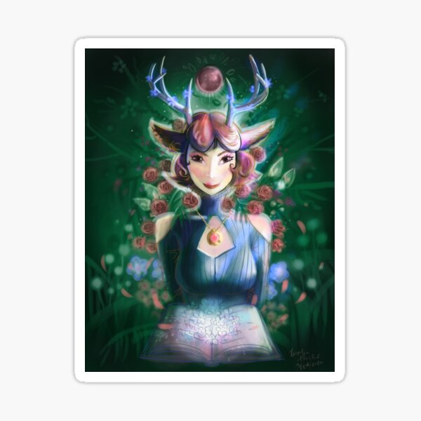 Forest Queen , Forest Grimoire, Forest Night - Green and Pink Floral Scene Sticker