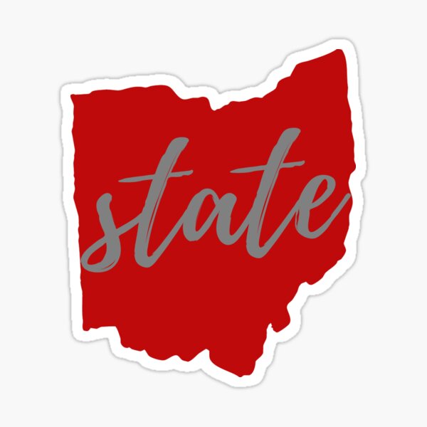 State of Ohio Outline Script Scarlet with Gray Sticker