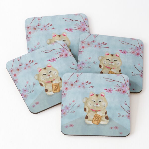 Item preview, Watercolor Maneki-neko cat under flowering sakura designed and sold by k9printart.