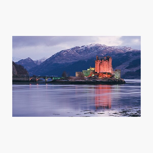 Eilean Donan Castle on a winter evening in the Highlands of Scotland , Eilean Donan Castle is one of the finest Scottish castles for photography Photographic Print