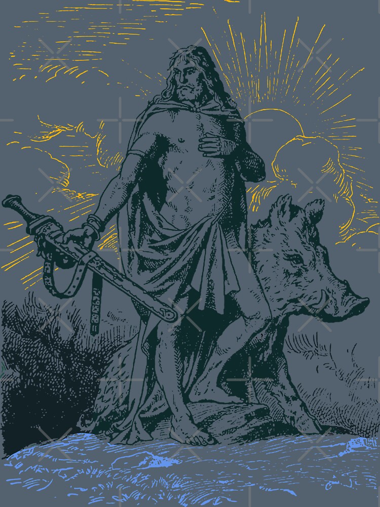 Freyr or Frey God in Norse Mythology with Sword and Wild Boar