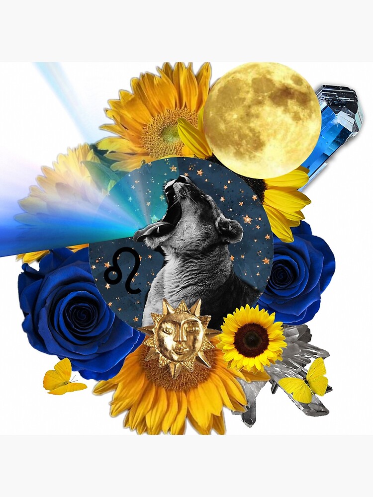 Tarjetas de felicitación «Girasol León Leo Luna Zodiaco Arte con rosas  azules y cristales azules Collage Art» de cmoonfire | Redbubble