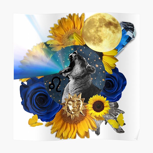 Póster «Girasol León Leo Luna Zodiaco Arte con rosas azules y cristales  azules Collage Art» de cmoonfire | Redbubble