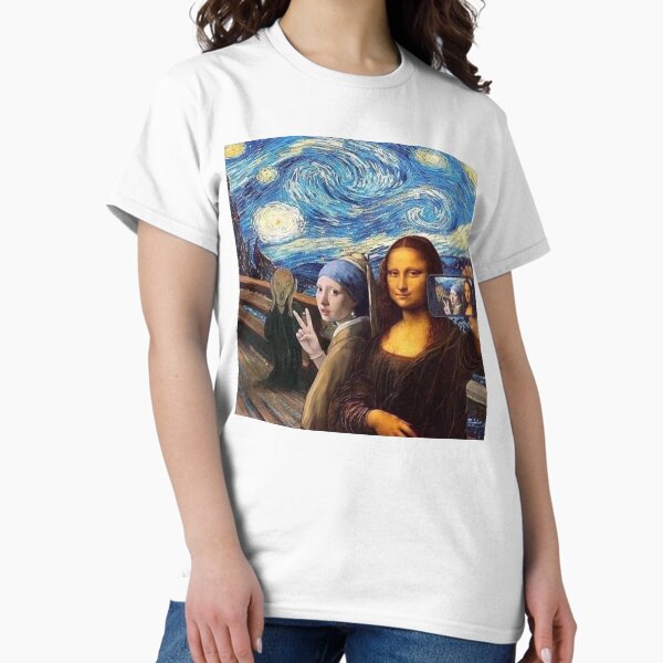 Vista previa del artículo con la obra «Scream y Selfie of Four, las pinturas clásicas se mezclan: Mona Lisa, Girl with a Pearl Earring, The Scream, The Starry Night», diseñado y vendido por MindChirp.