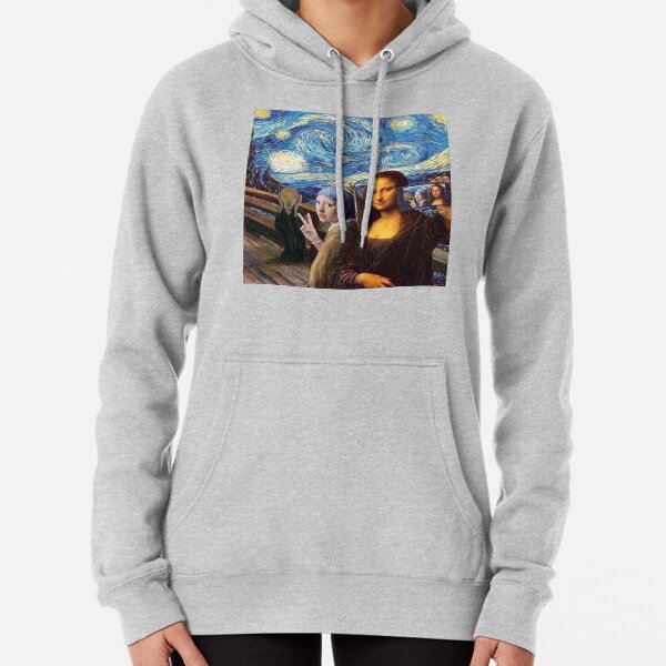 Scream and Selfie of Four classical paintings mash up - Mona Lisa, Girl with a Pearl Earring, The Scream, The Starry Night Pullover Hoodie