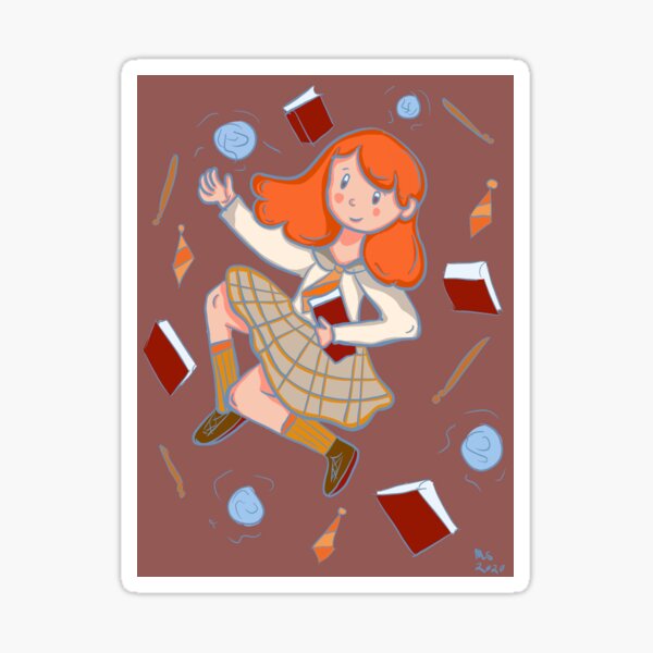 Redhead witch with books and magic wand Sticker