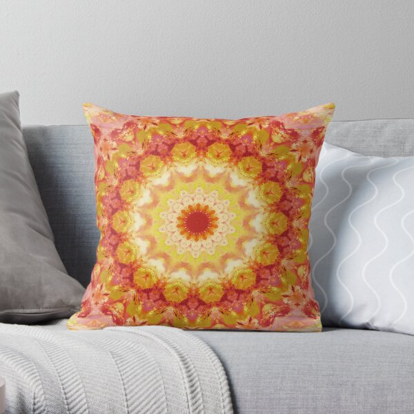 Yellow coral orange bohemian mandala art Throw Pillow