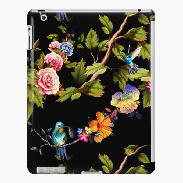 Kolibri, Rosen, Pfingstrose mit Blättern auf Schwarz. iPad – Leichte Hülle