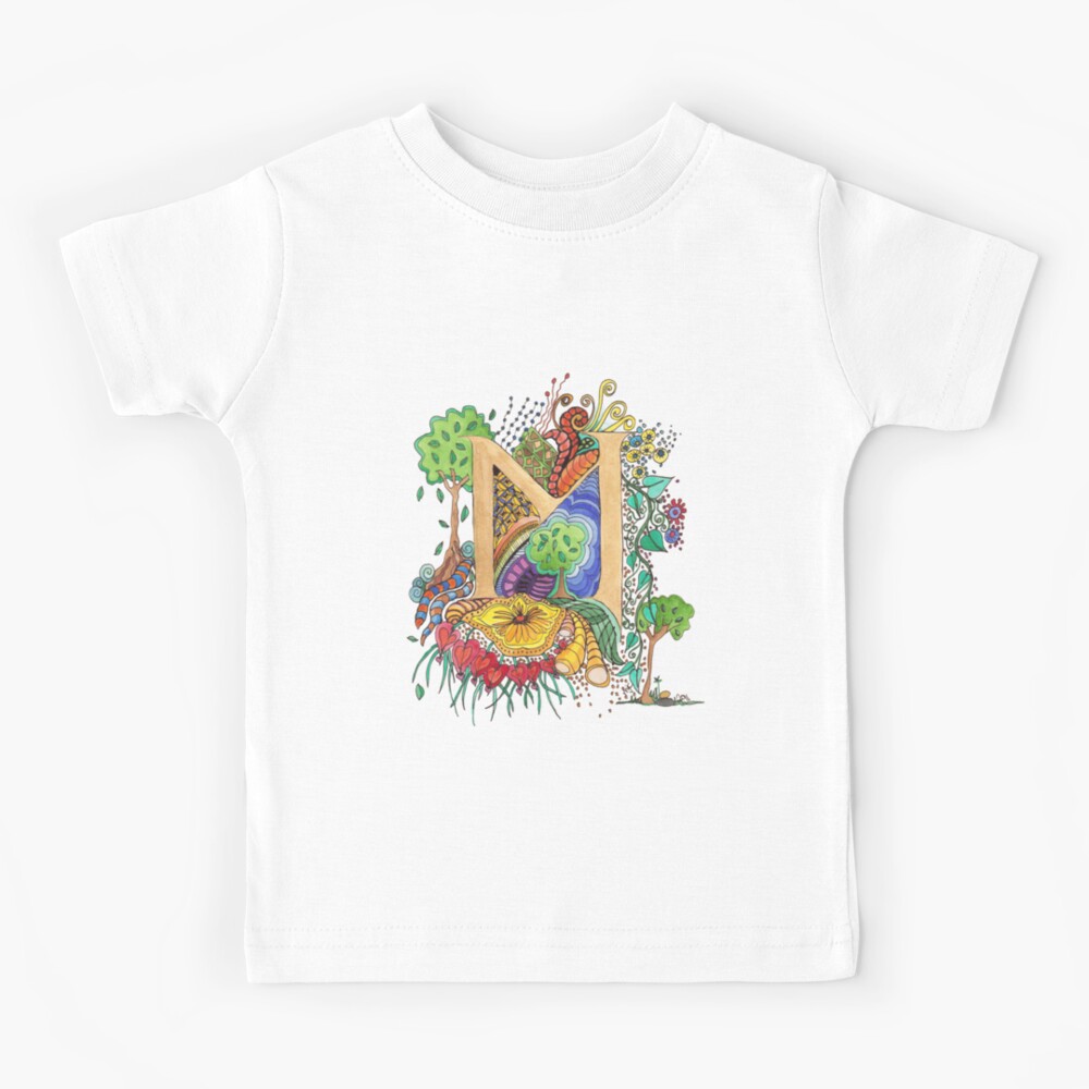 Letter M Monogram Blue Crystal Mixed Media Kids T Shirt by A to Z