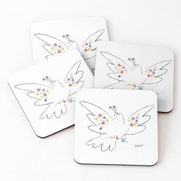 Pablo Picasso Line Art Dove of Peace with Colorful Flowers Naive Artwork Sketch Hand Drawn ink Silhouette HD High Quality Coasters (Set of 4)