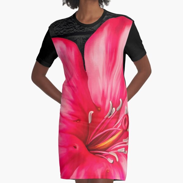 Elegant Pink Gumamela Graphic T-Shirt Dress